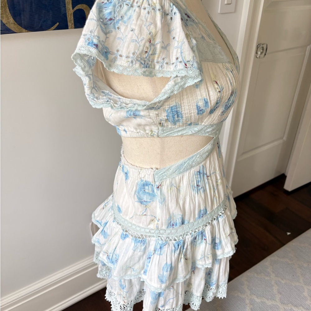LoveShackFancy Light Blue Floral Ruffle Cutout Mini Dress - Picture 6 of 9